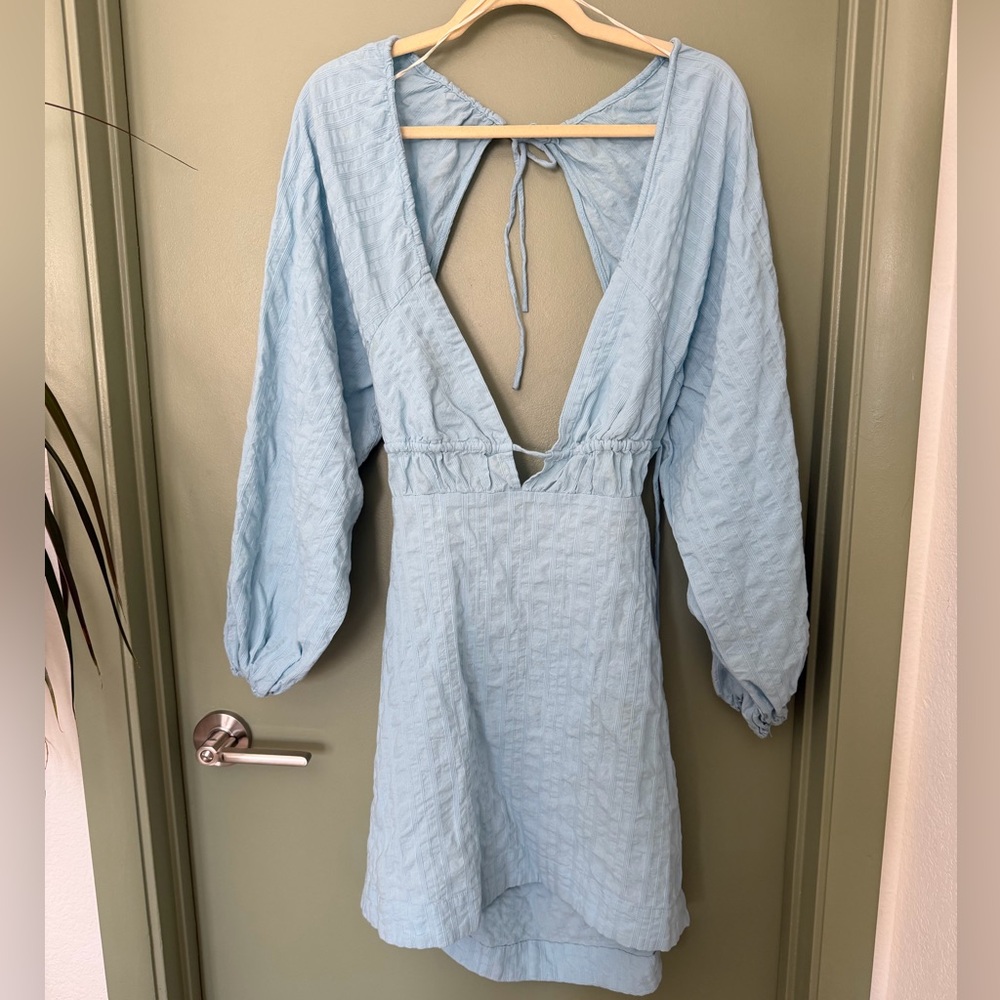 Free People Light Blue Dress | Open Back Tie Deep V Long Sleeve Size S